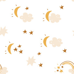 Cute moon, stars and clouds- kids seamless pattern. Fabric nursery pattern.