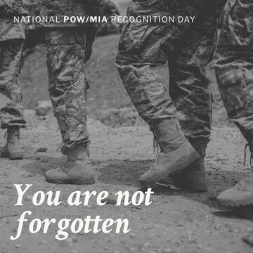 Animation of national pow mia recognition day text over diverse soldiers soldier
