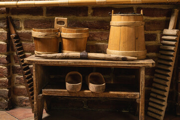 old wooden box, wooden buckets, wood products, Ukrainian products, chest of drawers. Selective focus, little noise, grain