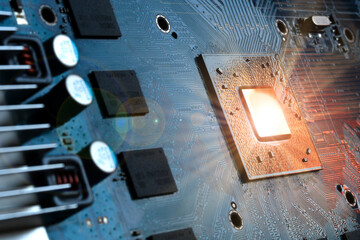 Detail of the processor core of a video card with reflections. graphics processing unit on a latest...