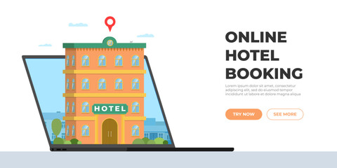 Hotel booking online service for tourism landing page template. Travel apartment reservation concept. Vacation motel building and location pin on laptop screen. Vector illustration hostel searching