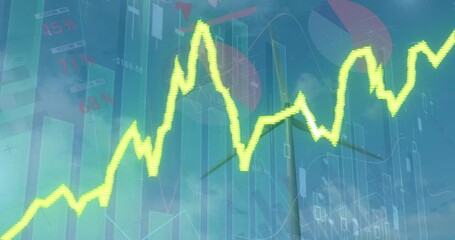 Animation of financial data processing with graph over wind turbine - Powered by Adobe