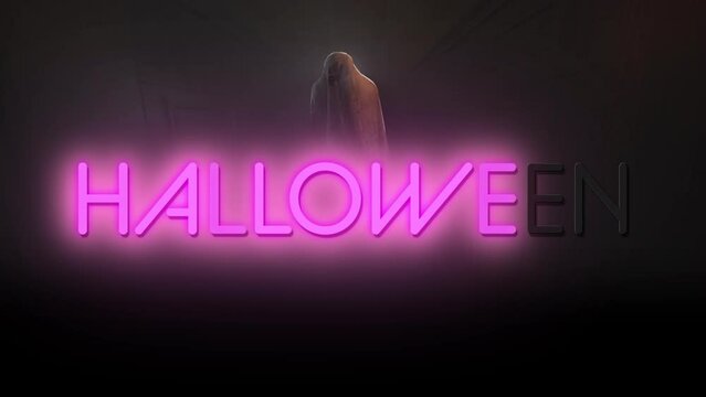 Animation of halloween text over ghost on black background