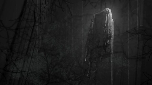 Animation of interference and tree branches over ghost on black background at halloween