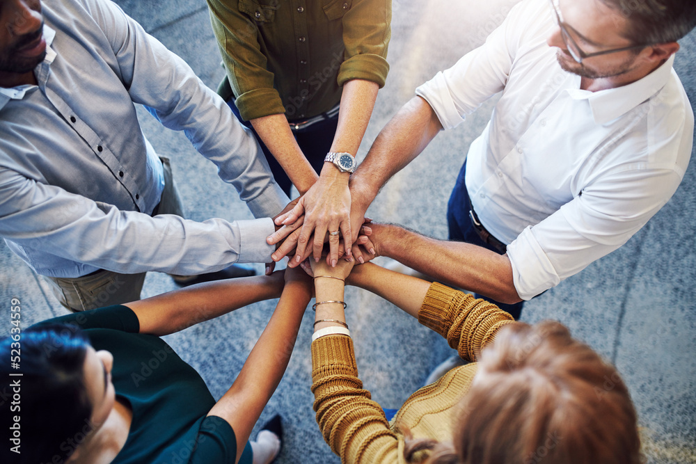 Poster teamwork, hands in a huddle and working together with a team or group of business people and colleag