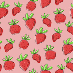 Hand drawn cute doodle strawberry, pink seamless pattern. Red berry, food for kitchen, paper.