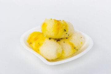 Long Rasgulla Also Know as Rosogolla, Roshogolla, Rasagola, Ras Gulla, Anguri Rasgulla or Angoori Rasgulla a Dessert Popular in India - Indian sweet food isolated on white background