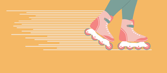 vector female legs in roller skates. two legs in pink roller skates ride.