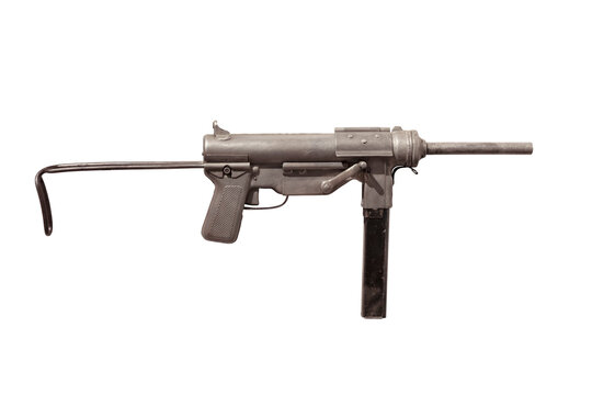 M3 submachine gun also known as a grease gun isolated on a white background