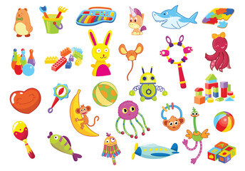 Collection of children toys. Kid development and entertainment isolated on white background. Bundle of tools for kid amusement and play. Bright colored vector icons