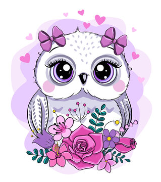 little cute owl and flowers. cartoon vector illustration