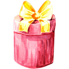 Watercolor illustration of Christmas decorations.Gift box.