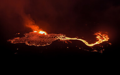 Aerial Drone Image of Meradalir Eruption of Fagradalsfjall Volcano in Iceland 2022