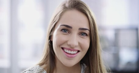 Beauty, happiness and flawless perfection with the face of a beautiful woman smiling while feeling happy and carefree. Portrait and headshot of a young female with healthy teeth and a bright smile - Powered by Adobe