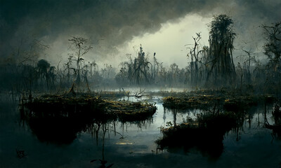 swamp dark atmospheric background, digital art - 523638164