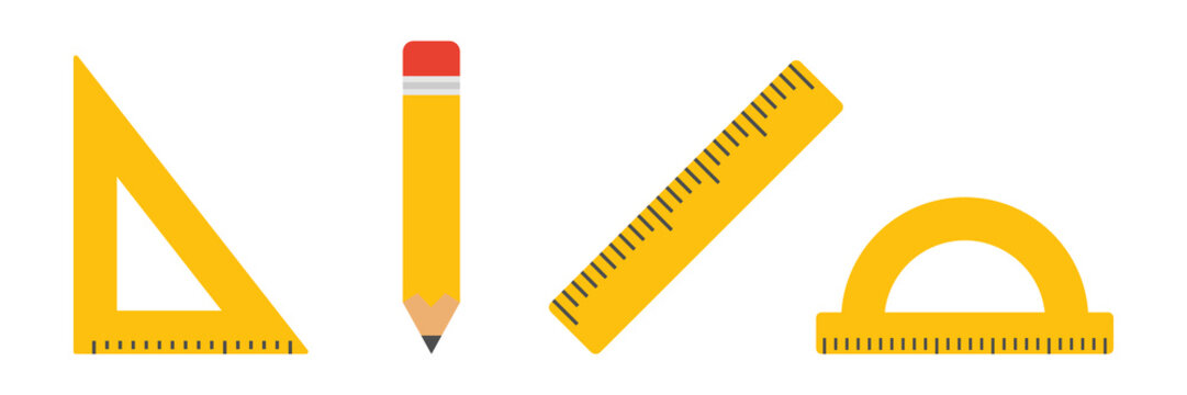 Education math tools set. Pencil, ruler, triangle ruler and protractor icon. Vector isolated on white.	
