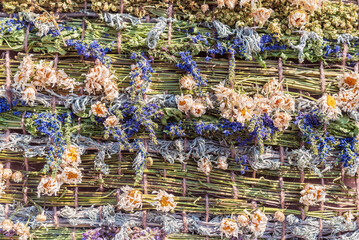 Decorative weaving from dried flowers and herbs, background.
