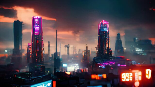 3D Painting Animation, Cyber City Futuristic Skyline Neon Zoom Skyscrapers, Loopable Dolly Zoom