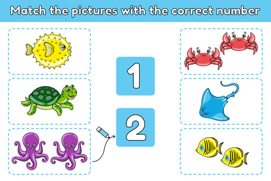 Math education for kids. Counting game for preschool children. Match the pictures with the correct number. Vector illustration of cartoon ocean animals.