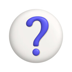 Purple question mark symbol on white button. 3d realistic vector design element.