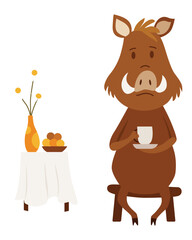 Obraz premium Hog sit with cup of tea arranging their cozy home. Wild forest animal. Flat cartoon character. Vector Illustration