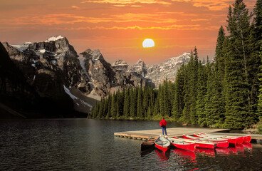 Woman standing on a boat dock with red canoes.  Moraine Lake is a glacially-fed lake in Banff National Park outside the Village of Lake Louise, Alberta, Canada.