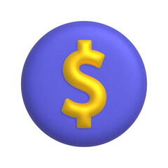 Gold dollar sign on purple button. 3d realistic vector design element.