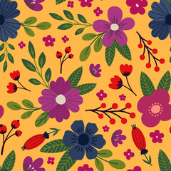 Aesthetic Contemporary printable seamless pattern with Spring botanical print design. Decorative chamomile, flowers and leaves. Pastel boho background in minimalist mid century style for fabric