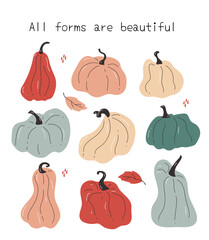 Hand drawn set of pumpkins of different bright and shaped colors with leaves