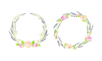 Floral Rose Lavender Wreath Arranged from Twigs and Buds Vector Set