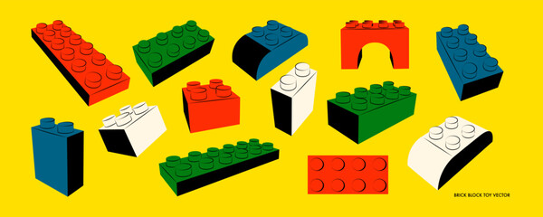 Set of toy block in different position. Geometric illustration of construction game elements. Sale banner, announcement for childrens store. Vector flat illustration icon.