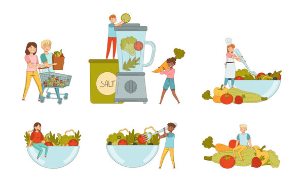 Tiny People Vegetarian Character Eating Veggie Making Salad in Bowl and Mixing Ingredients in Blender Vector Set