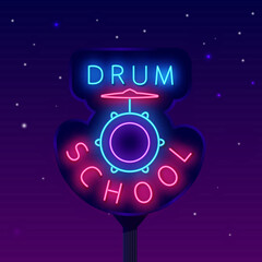Drum school neon street billboard. Light advertising. Drum kit sign. Shiny signboard. Vector stock illustration