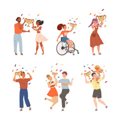 Excited People Winner Character Holding Cup Award and Smiling Vector Illustration Set