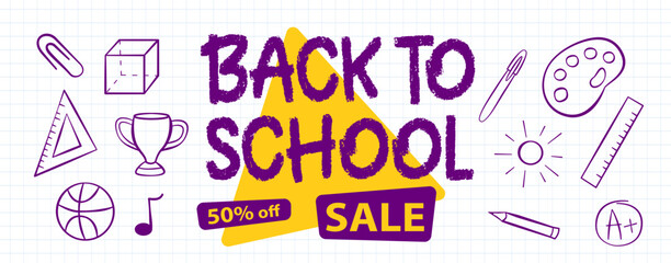 Back to school banner. Sale. Checkered sheet of paper. Vector illustration. Isolated on white background