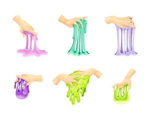 Human hands playing with sticky liquid hand gum set. Slimy toy for kids cartoon vector illustration