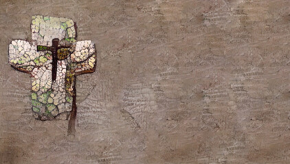 cross mosaic and beige textured background with copy space