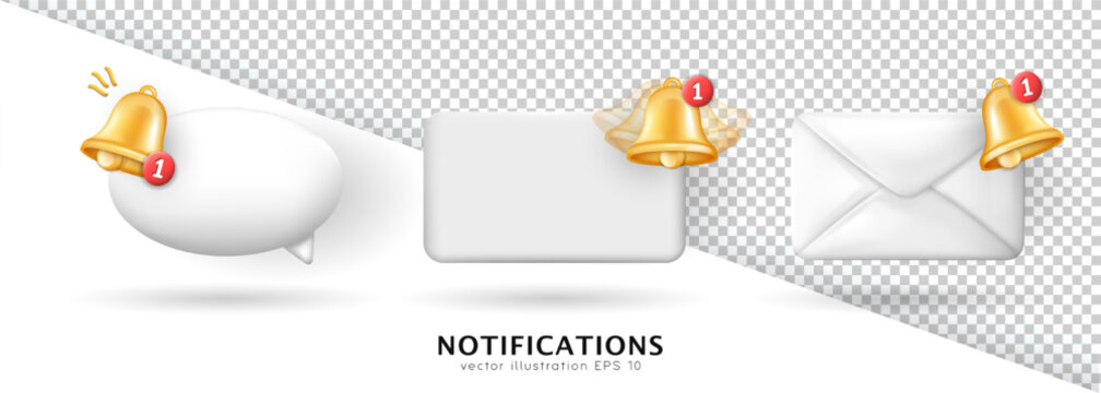 Collection of three 3d icons - cartoon paper envelope (letter), blank rectangle with place for text and speech bubble (chat cloud) with red notification buttons. New message concept