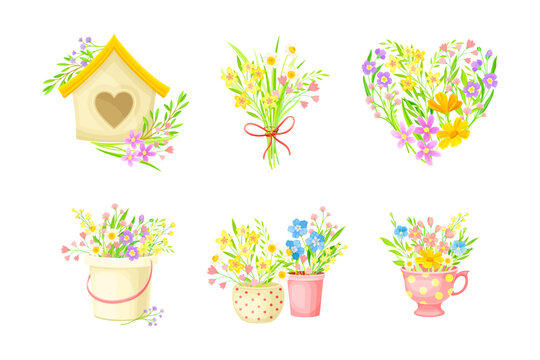 Bouquets of wildflowers set. Decor elements of delicate spring and summer flowers cartoon vector illustration