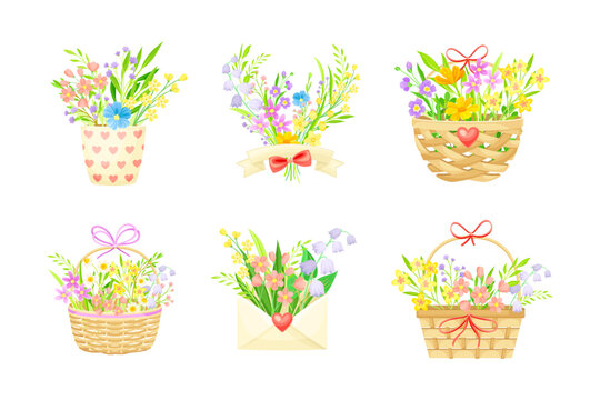 Bouquets of wildflowers set. Spring and summer flowers in wicker basket, flowerpot and envelope cartoon vector illustration