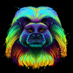 Cotton-top marmoset. Abstract, multicolored, neon portrait of a cotton monkey in the style of pop art on a black background. Digital vector graphics. Digital vector graphics.
