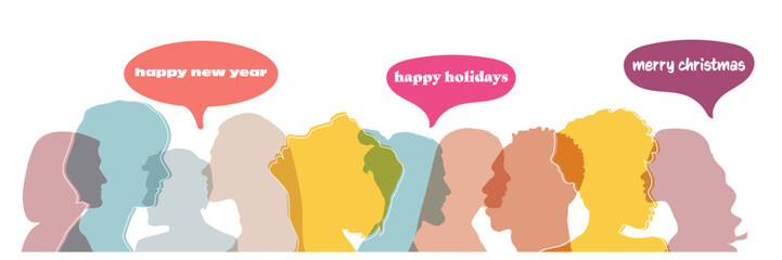 Man and woman head silhouettes with colorful speech bubbles with text Merry Christmas, happy holidays