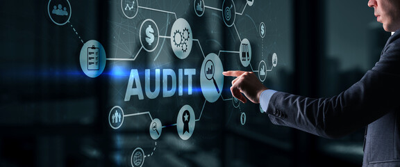 Audit. Checking the financial statements of the company. Businessman touching Audit on 3d icon on...