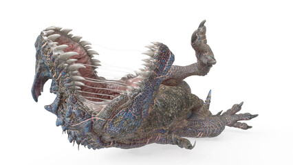 dinosaur monster is down on the flor on white background close up view