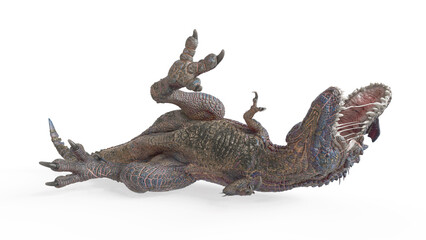 dinosaur monster is down on the flor on white background front view