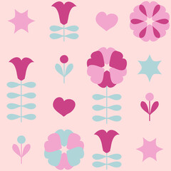 Aesthetic seamless pattern with flowers, hearts and stars. Romantic background for T-shirt, poster, textile and print. Retro vector illustration for decor and design.
