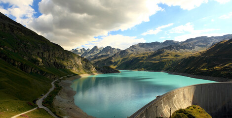 Panoramic view of Mountain lake Moiry with Dam, Valais, Switzerland, Swiss Alps, Barrage de Moiry.