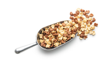 Breakfast cereal flakes in metal scoop isolated on white background.