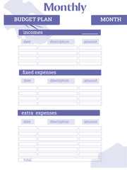 Monthly financial personal or business planner. Digital budget planner. Minimalistic very peri colour, vector illustration.