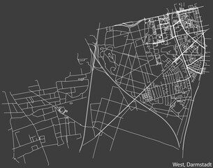 Detailed negative navigation white lines urban street roads map of the DARMSTADT-WEST DISTRICT of the German regional capital city of Darmstadt, Germany on dark gray background